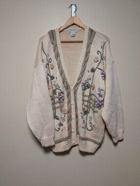 Objectives Women's 3X Floral Embroidered Ramie Blend Cottagecore Cardigan